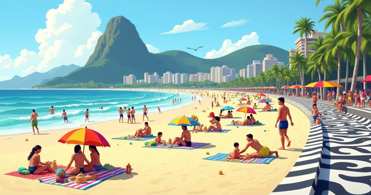 Crianças brincando na areia de Copacabana com quiosques e calçadão ao fundo 