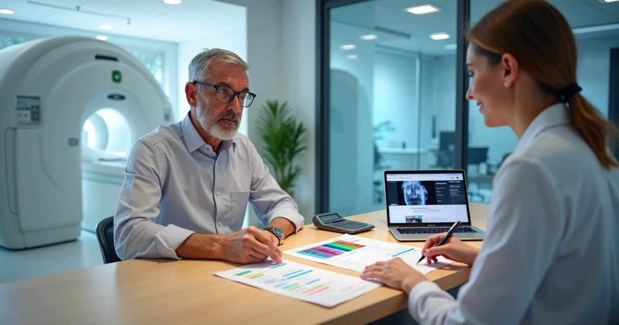 Paciente conversa com especialista sobre coparticipação em exame de imagem em clínica moderna 