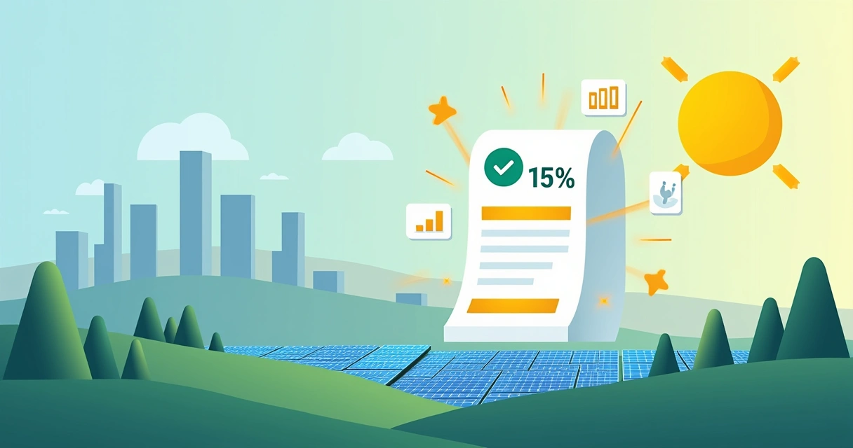Grafismo de cidade conectada a fazenda solar com destaque para economia na fatura de energia 