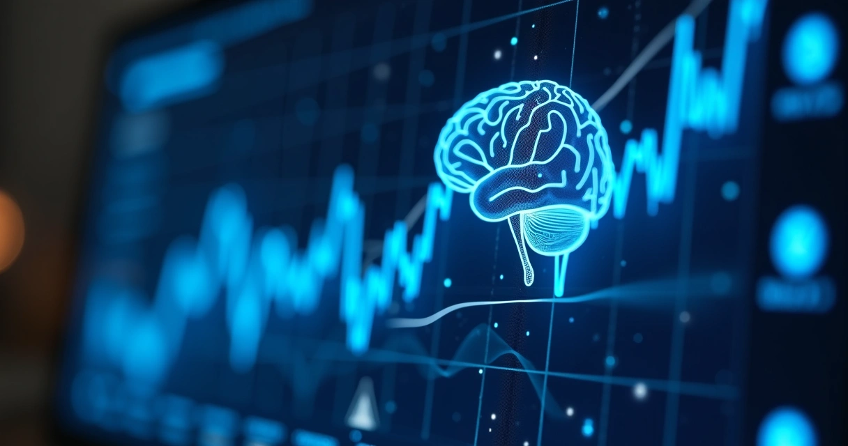 Gráfico digital com linha crescente em tela e símbolo de inteligência artificial