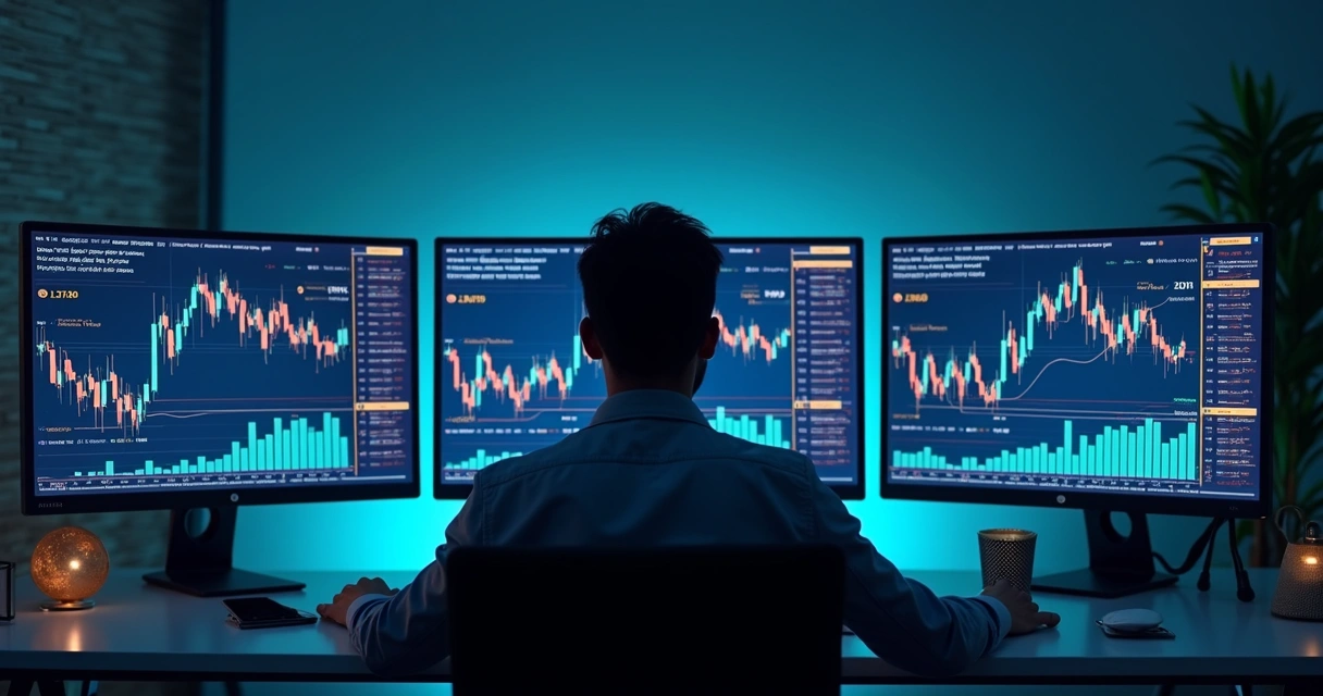 Pessoa analisando operações em múltiplos gráficos de criptomoedas lado a lado 