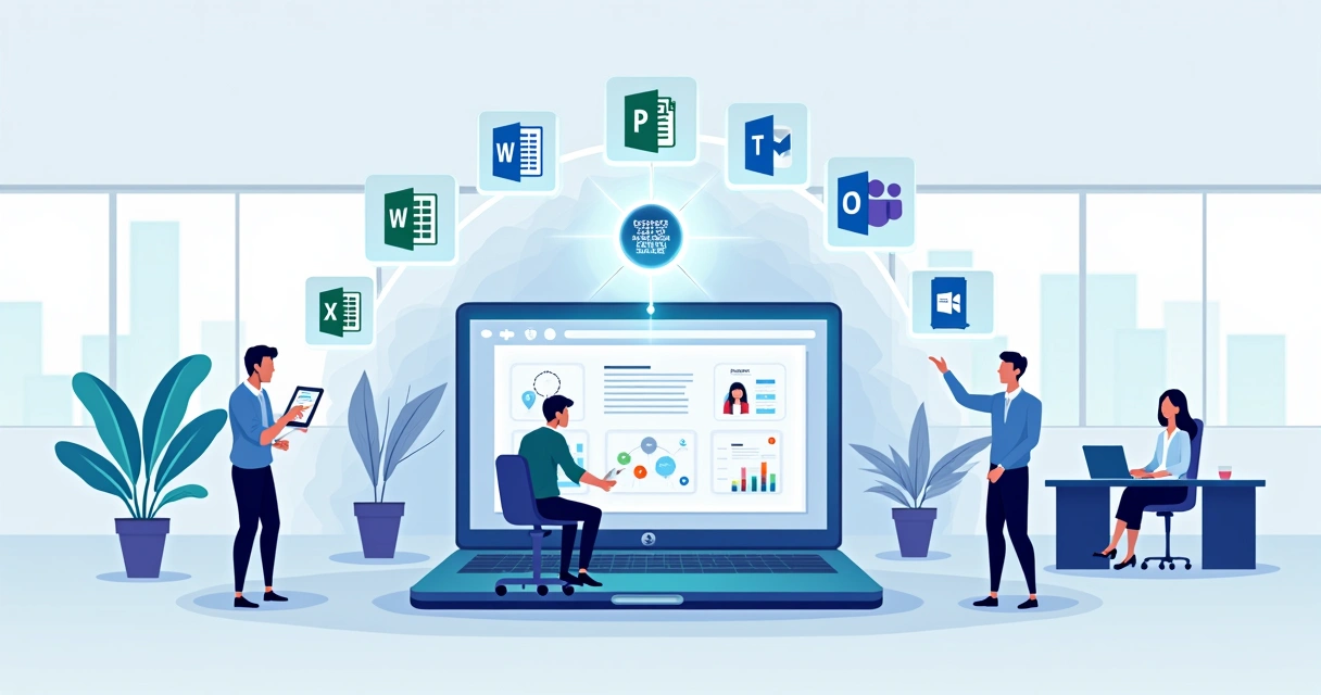 Equipe em escritório colaborando com painel digital exibindo ícones do Microsoft 365 e Copilot 