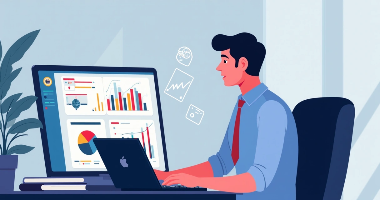 Profissional analisa gráficos coloridos no notebook usando IA 