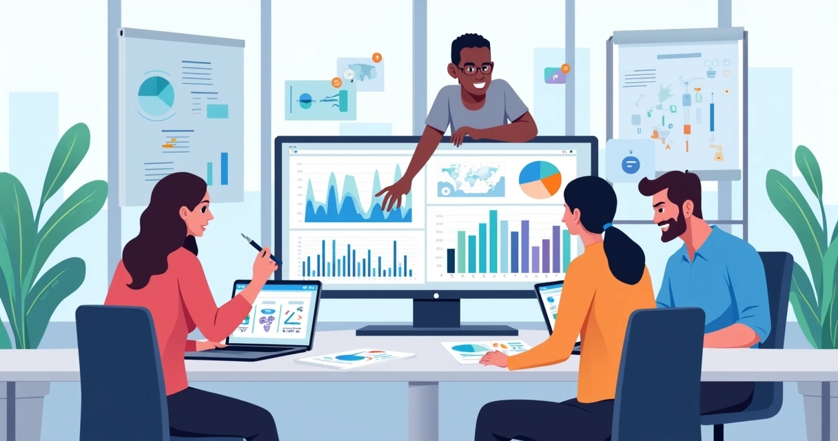 Ilustração de profissionais usando Copilot para análise de dados em ambiente corporativo 