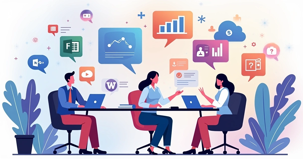 Ilustração de integração do Copilot nas ferramentas Word, Excel, PowerPoint, Outlook e Teams 