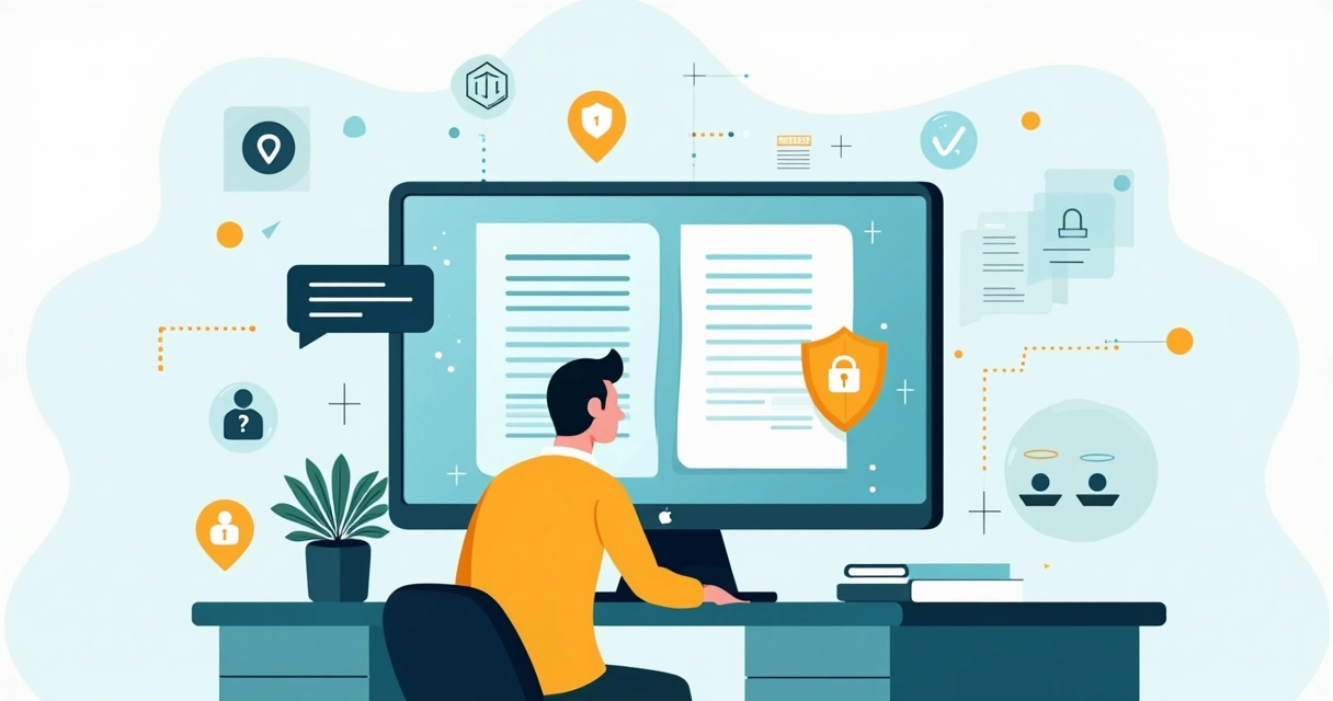 Ilustração de profissional avaliando contrato digital com ícones de IA e cadeado de proteção de dados 