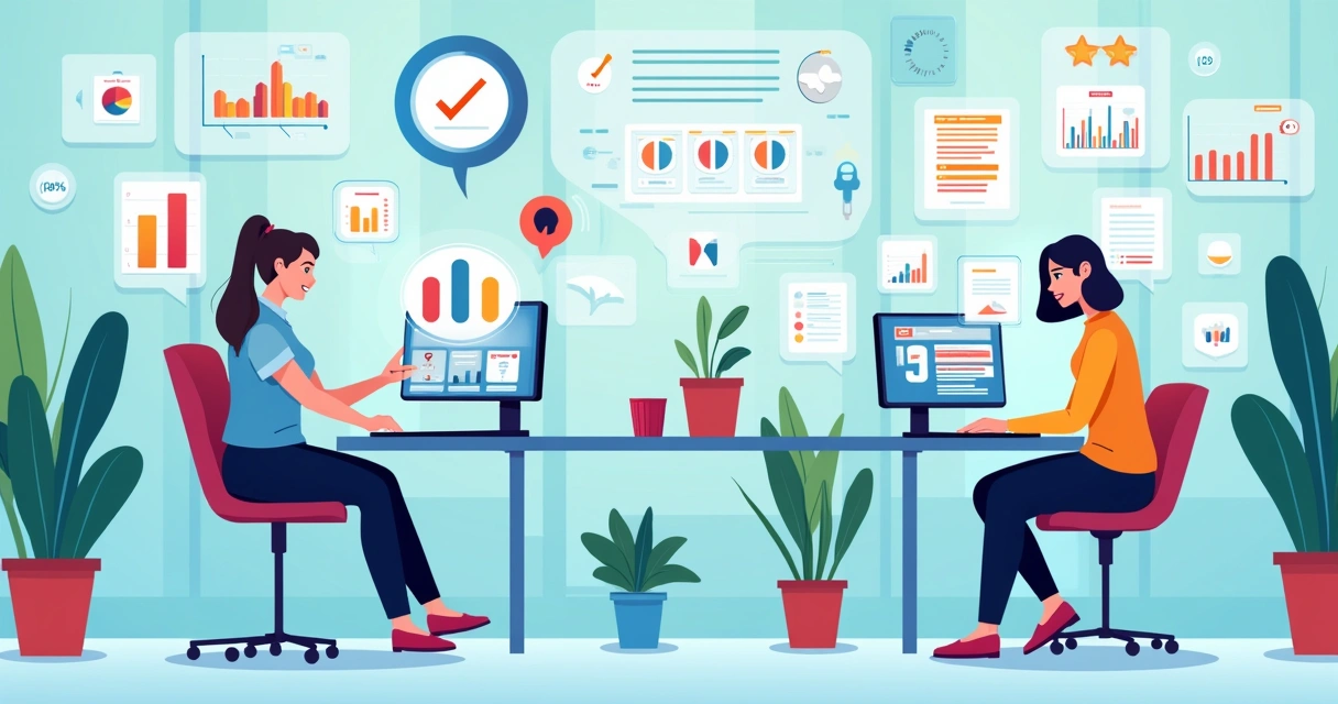 Assistentes digitais ajudam em um ambiente de escritório moderno, demonstrando produtividade e eficiência.