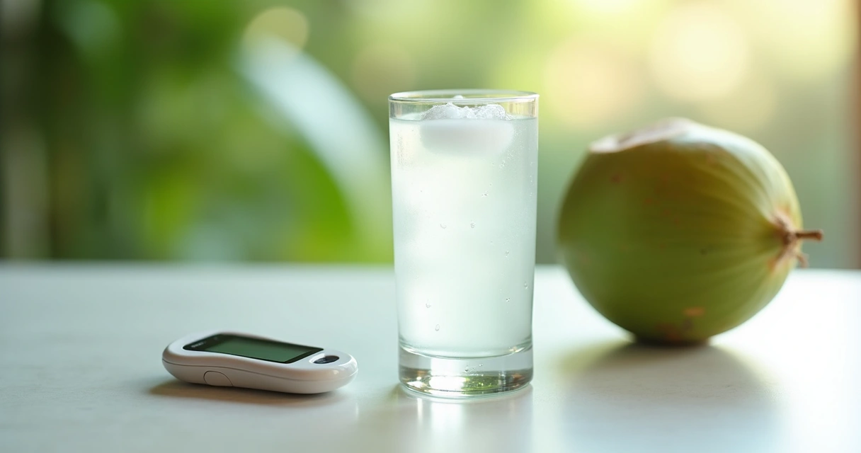 Copo de água de coco ao lado de aparelho de glicemia 