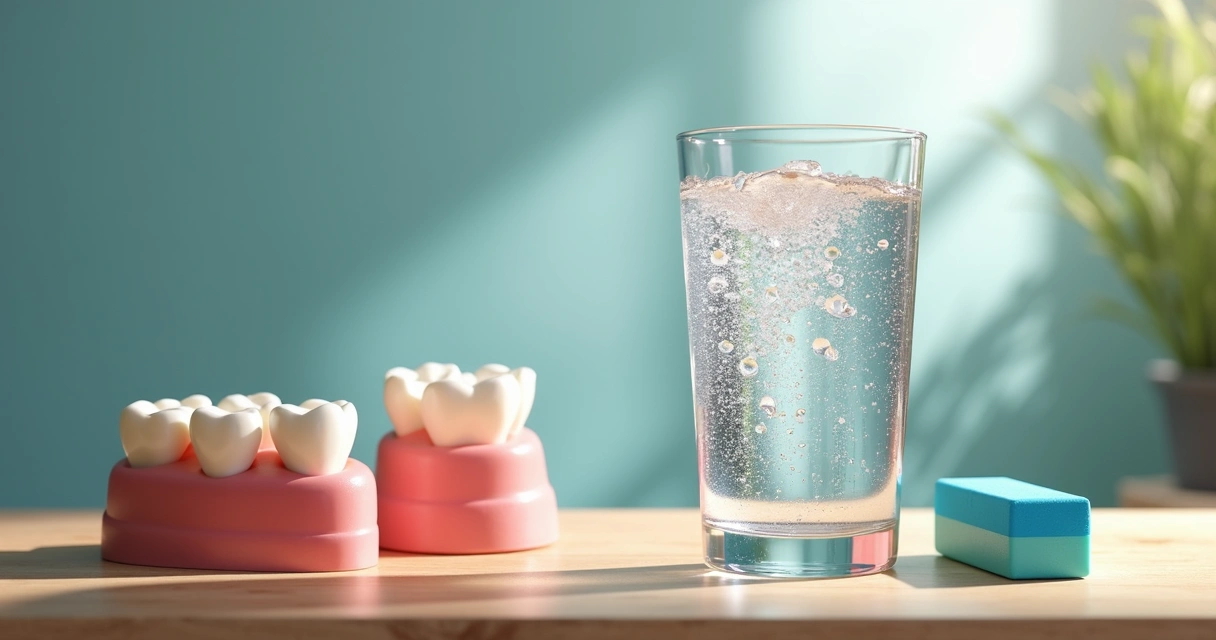 Copo de água com gás ao lado de modelos de dente e borracha de dentista 