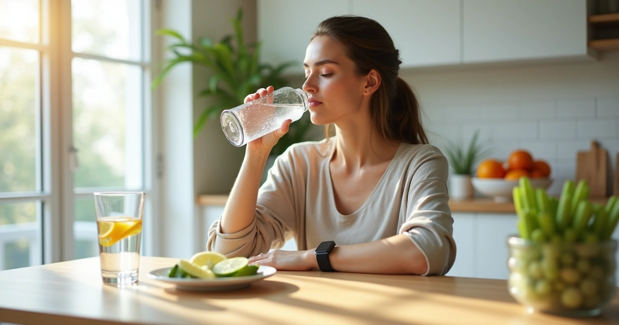 Mulher adulta bebendo água em garrafa de vidro transparente em ambiente claro 