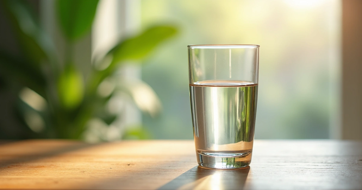 Copo de água sobre uma mesa iluminada pela luz da manhã 