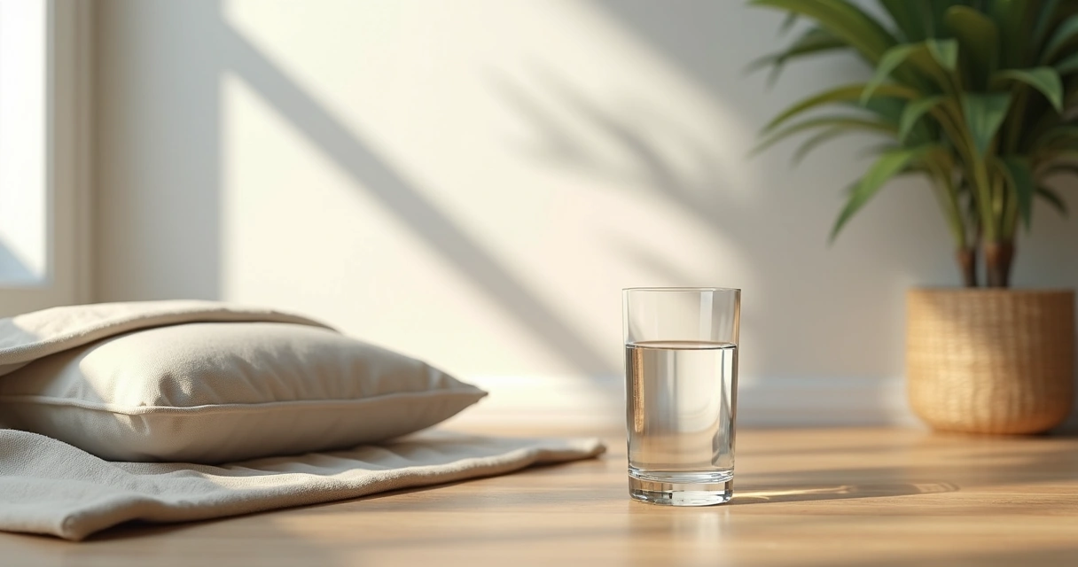 Copo de água ao lado de almofada de meditação