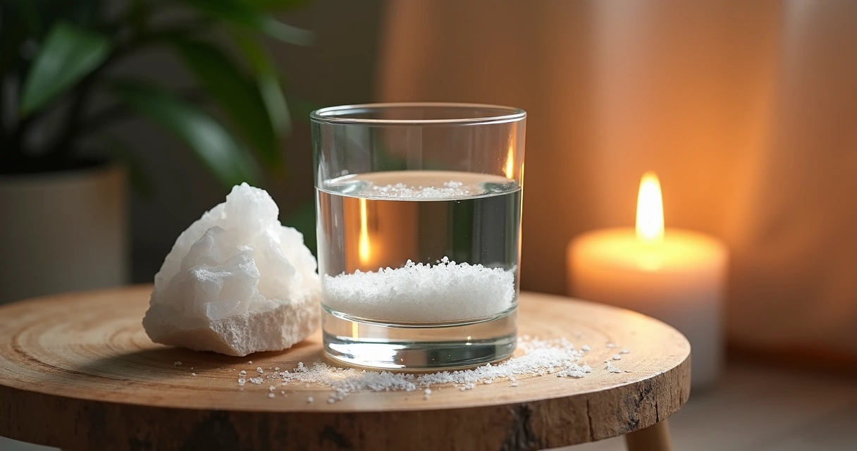 Copo com água, sal grosso e cristal branco em ambiente aconchegante e iluminado levemente 