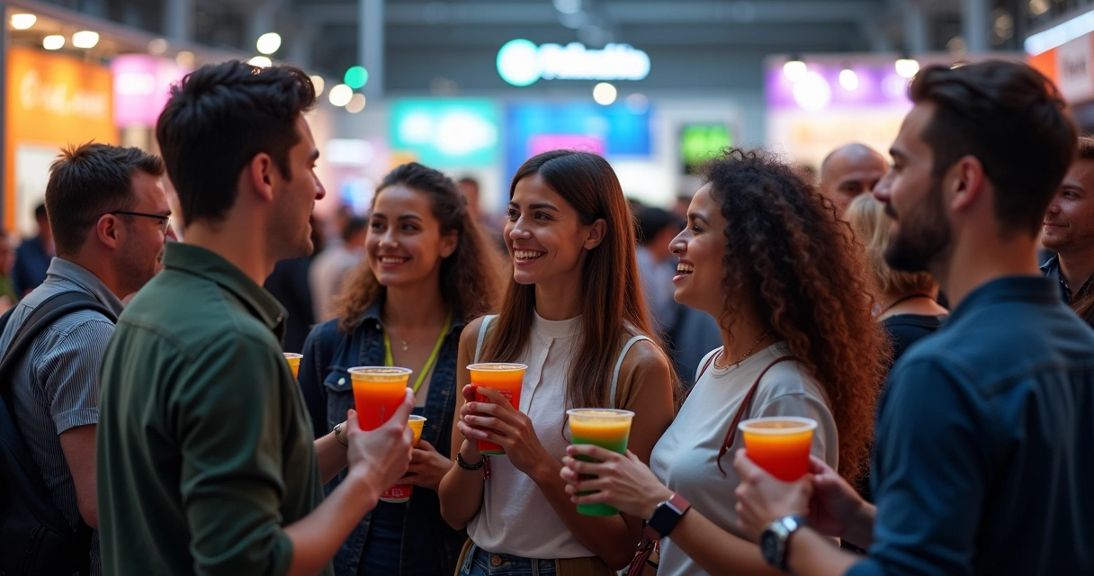 Grupo de pessoas segurando copos personalizados em evento corporativo 