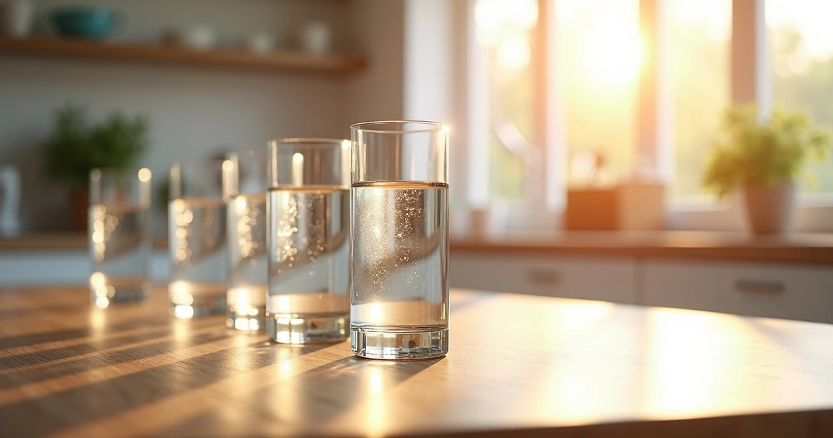 Copos de água sobre mesa de madeira 