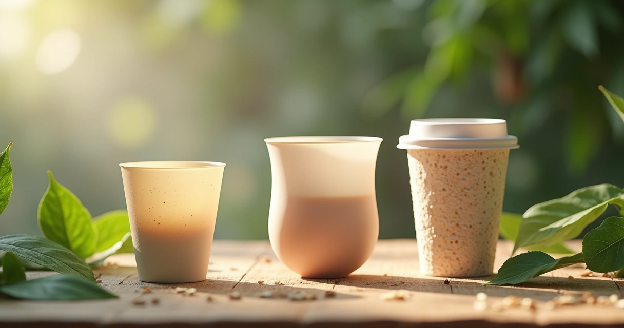 Copos reutilizáveis de bambu, silicone e resíduo de arroz sobre uma mesa de evento 