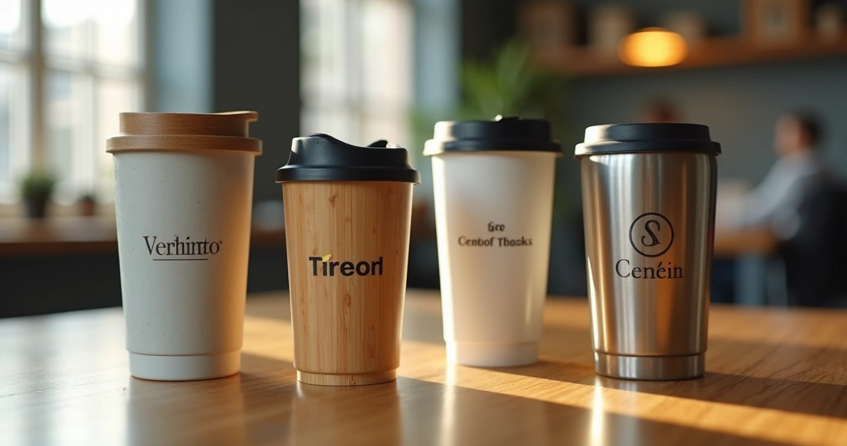 Copos ecológicos personalizados para empresas sobre mesa de madeira 