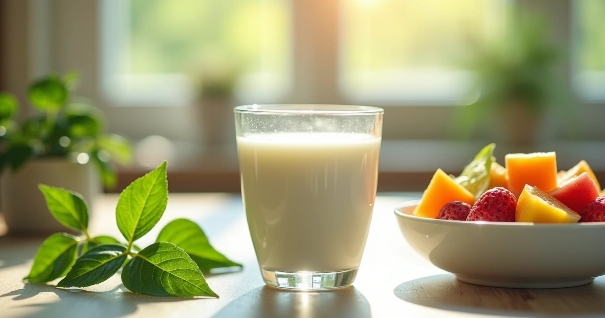 Copo de leite vegetal com moringa ao lado de uma tigela de frutas no café da manhã 