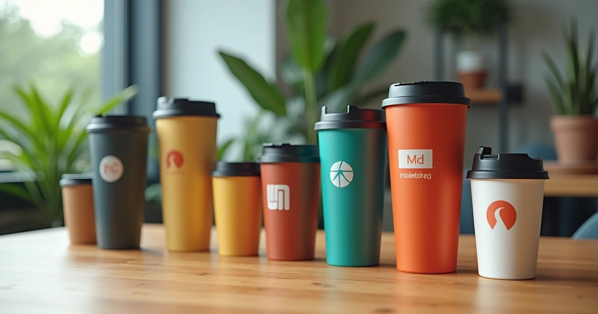 Copos de diferentes tamanhos e cores com logo de empresas exibidos em uma mesa 