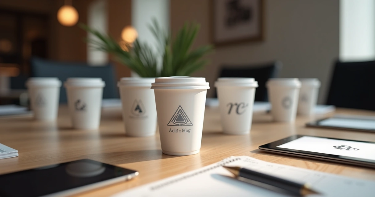 Copos personalizados em mesa de evento para contadores 