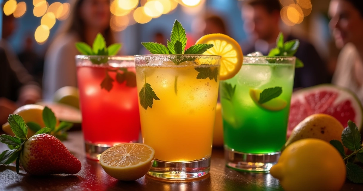 Copos de bebidas coloridas sem álcool em uma mesa de festa