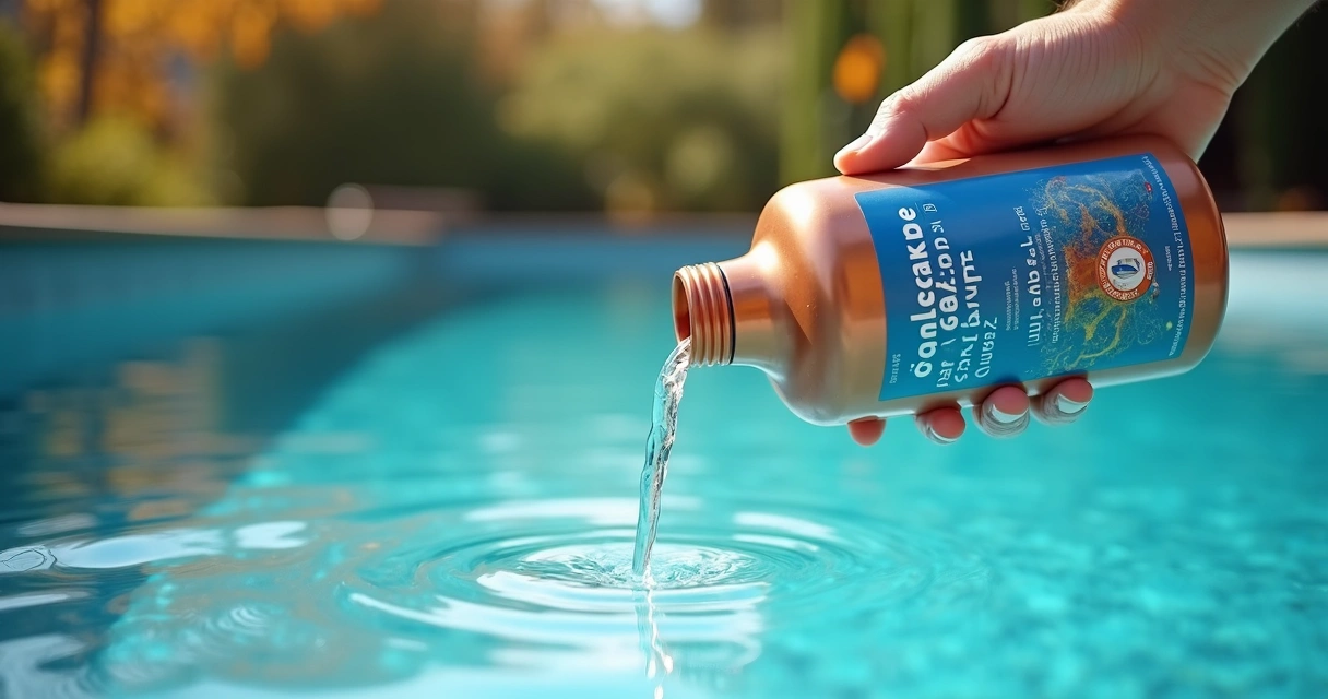 Pouring copper algicide into pool as preventive maintenance