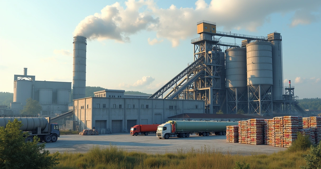 Fábrica com forno de cimento ao fundo e caminhão descarregando resíduos industriais 