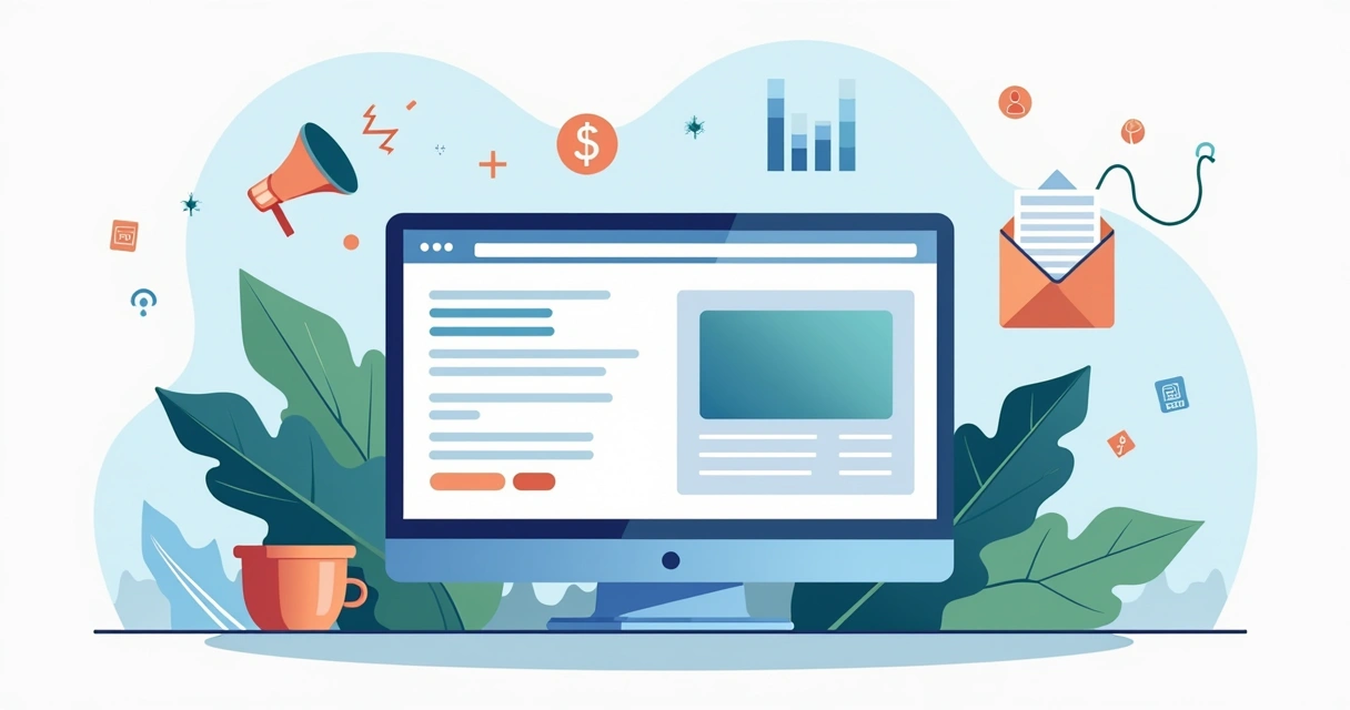 Ilustração de landing page com título, formulário e indicadores de conversão