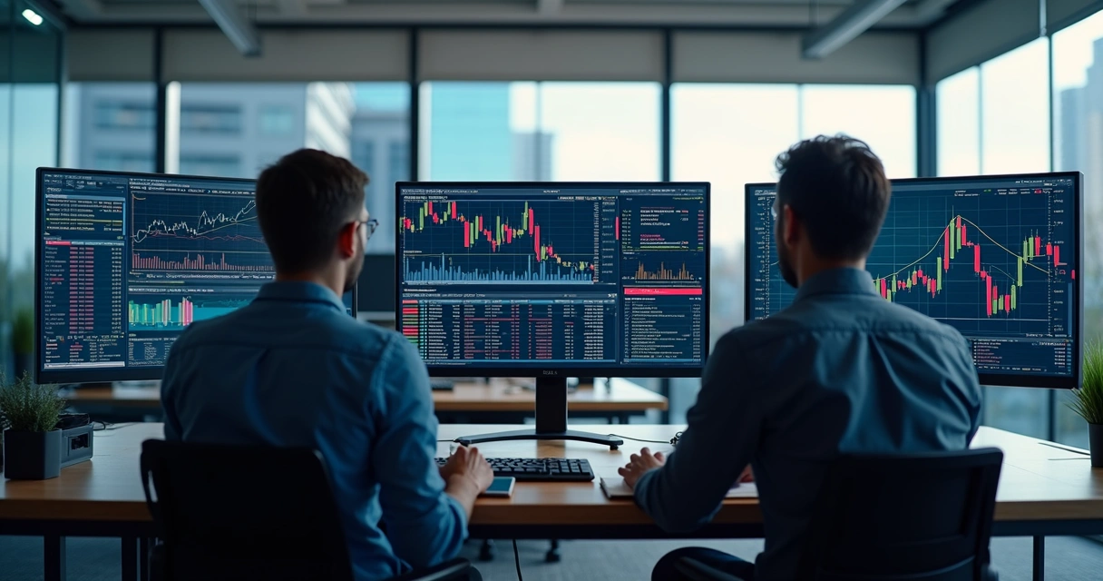 Investidores acompanhando operações de copy trading em telas 