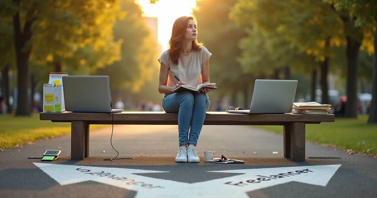Mulher pensando em encruzilhada com símbolos de trabalho CLT e freelancer ao redor 