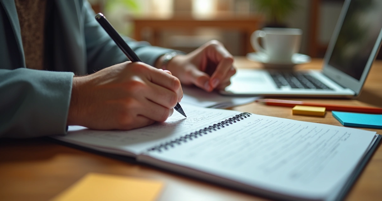 Pessoa escrevendo copy de vendas em caderno com xícara ao lado 