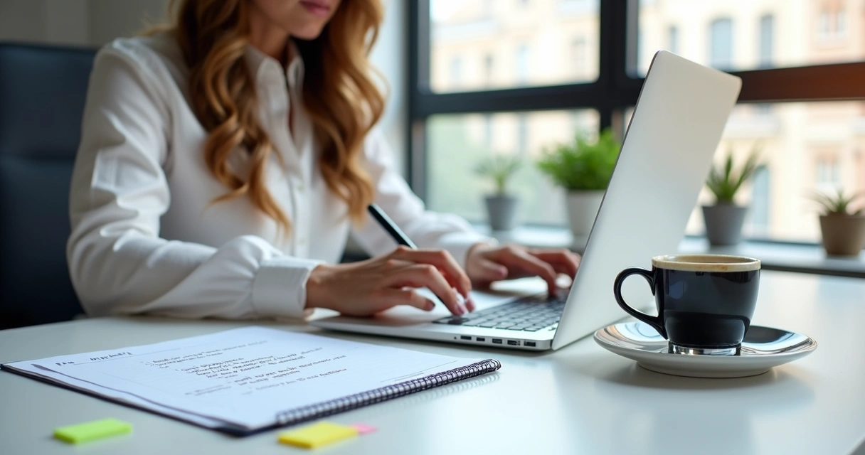 Mulher digitando textos para campanhas em notebook