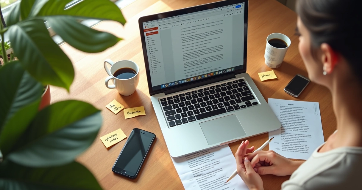 Copywriter workspace desk with laptop, notebook and coffee