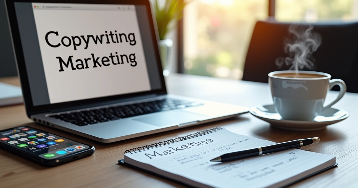 Mesa de trabalho com laptop aberto mostrando texto de copywriting, caderno com anotações e caneta, café e smartphone ao lado 