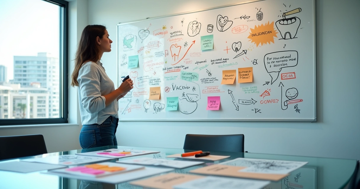 Profissional de marketing odontológico escrevendo copy em quadro branco com ícones de dentes e conversões 