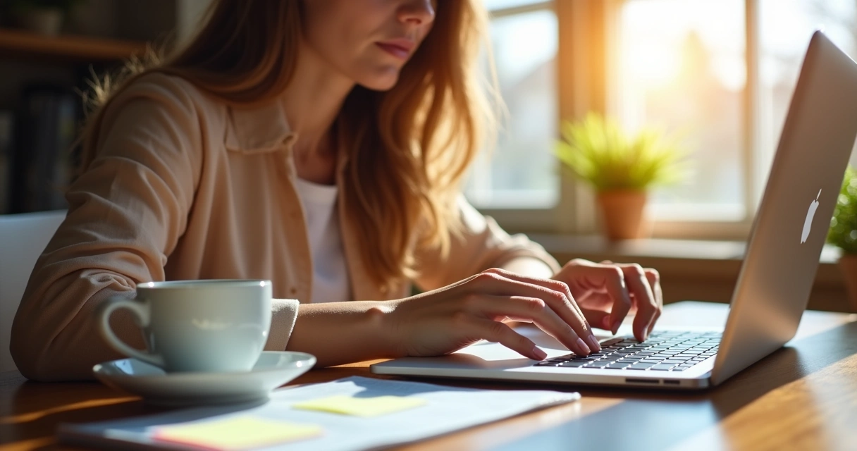 Mulher digitando texto comercial para vendas online no notebook