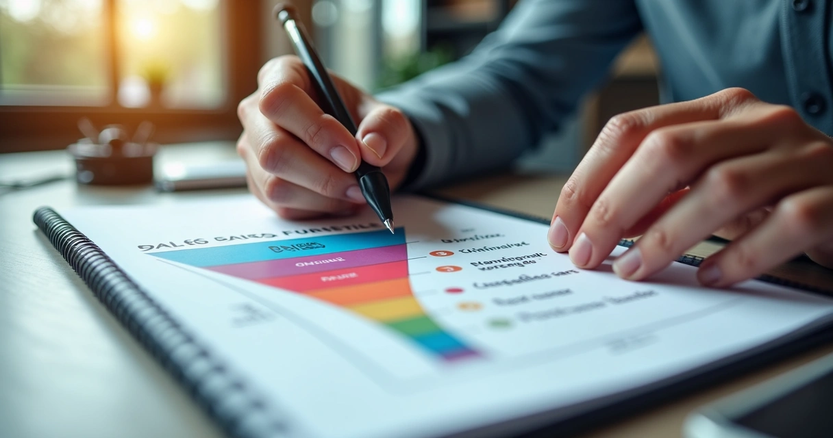 Mão escrevendo texto de copywriting ao lado de diagrama de funil 