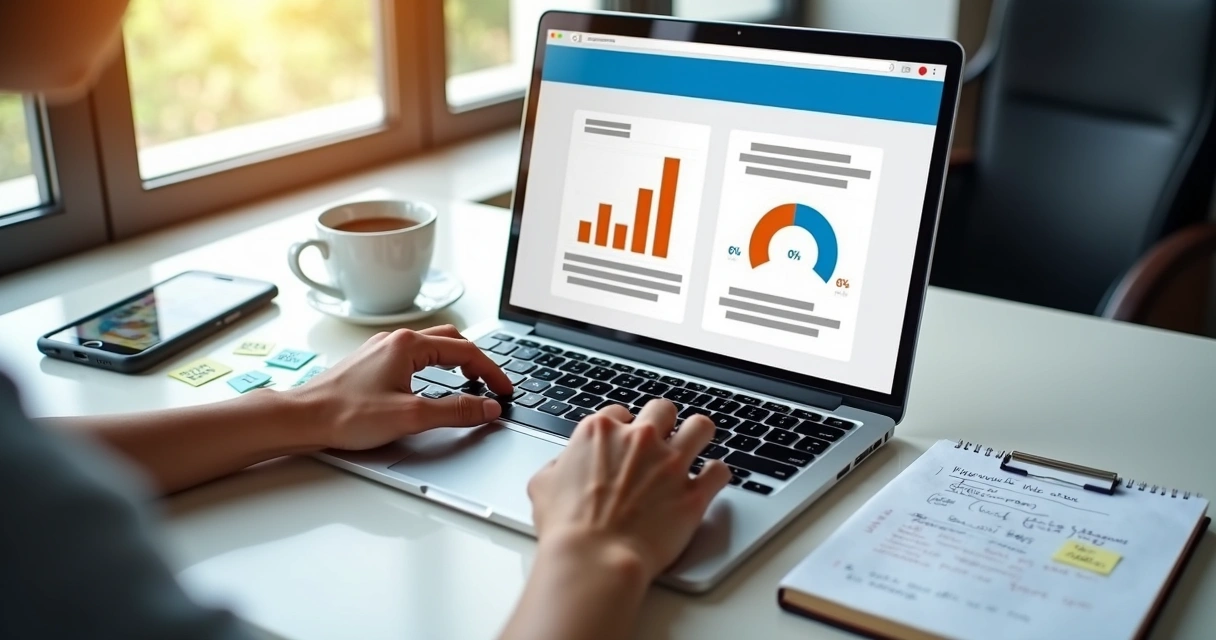 Profissional criando copywriting de vendas em notebook com gráficos de conversão na tela 