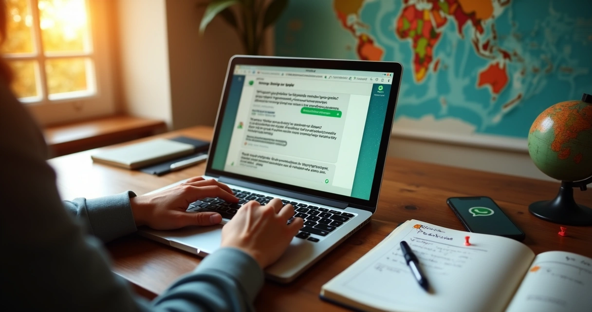 Agente de viagens digitando mensagem estratégica de vendas no WhatsApp no laptop 