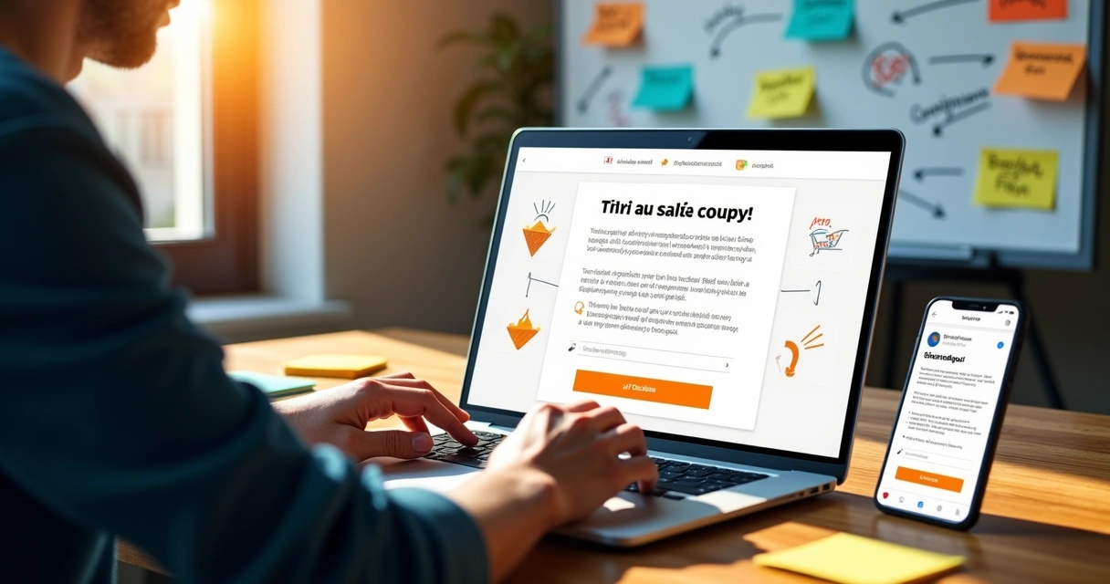 Pessoa escrevendo copy em laptop com elementos de vendas ao redor 