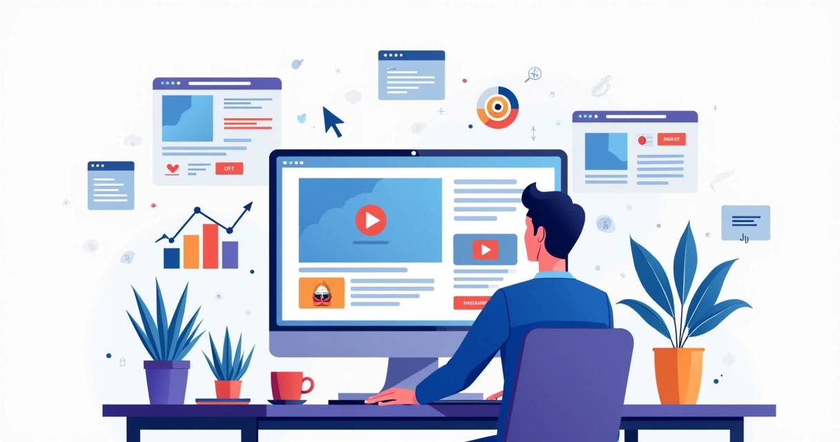 Ilustração de profissional criando copywriting visual com fotos e vídeos na tela do computador 