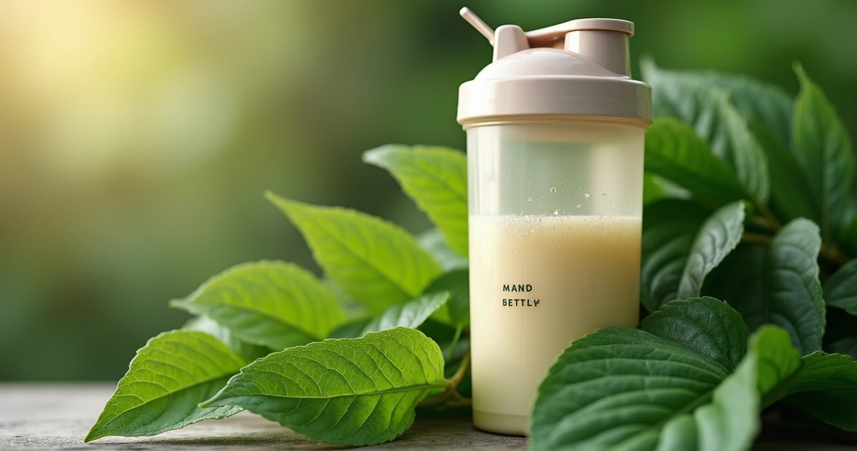 Coqueteleira ecológica personalizada em cima de folhas verdes 