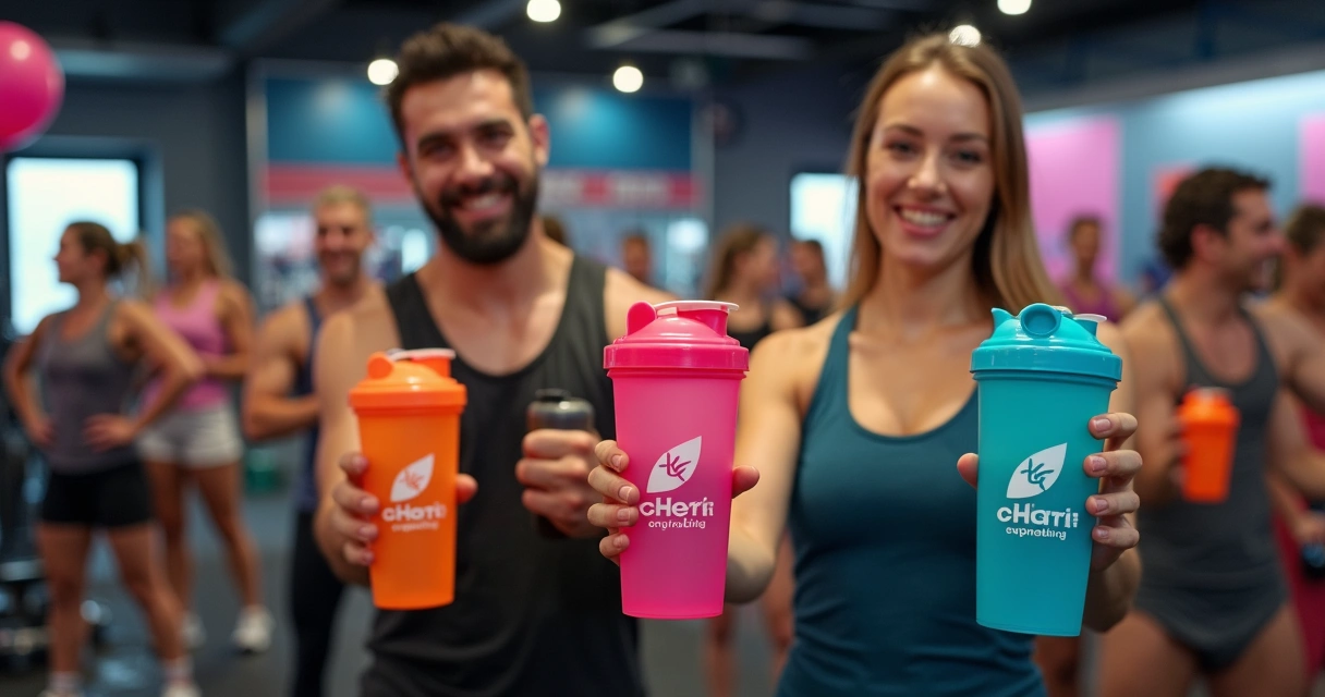 Pessoas recebendo coqueteleiras em evento de academia 