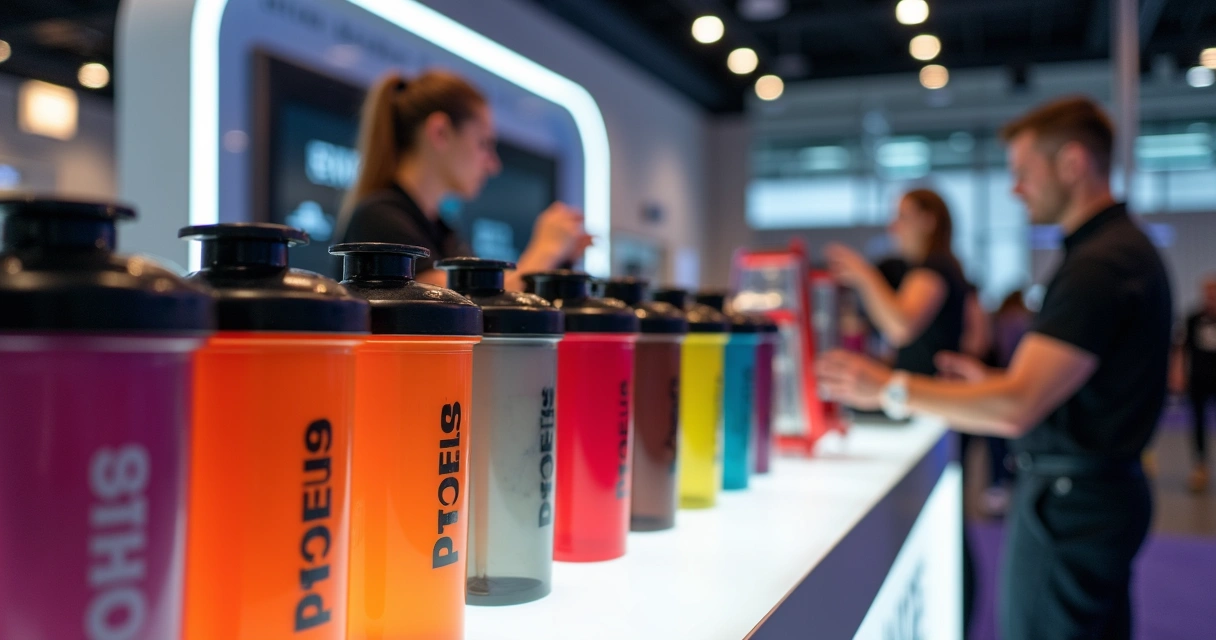 Coqueteleiras coloridas em estande fitness com brindes promocionais