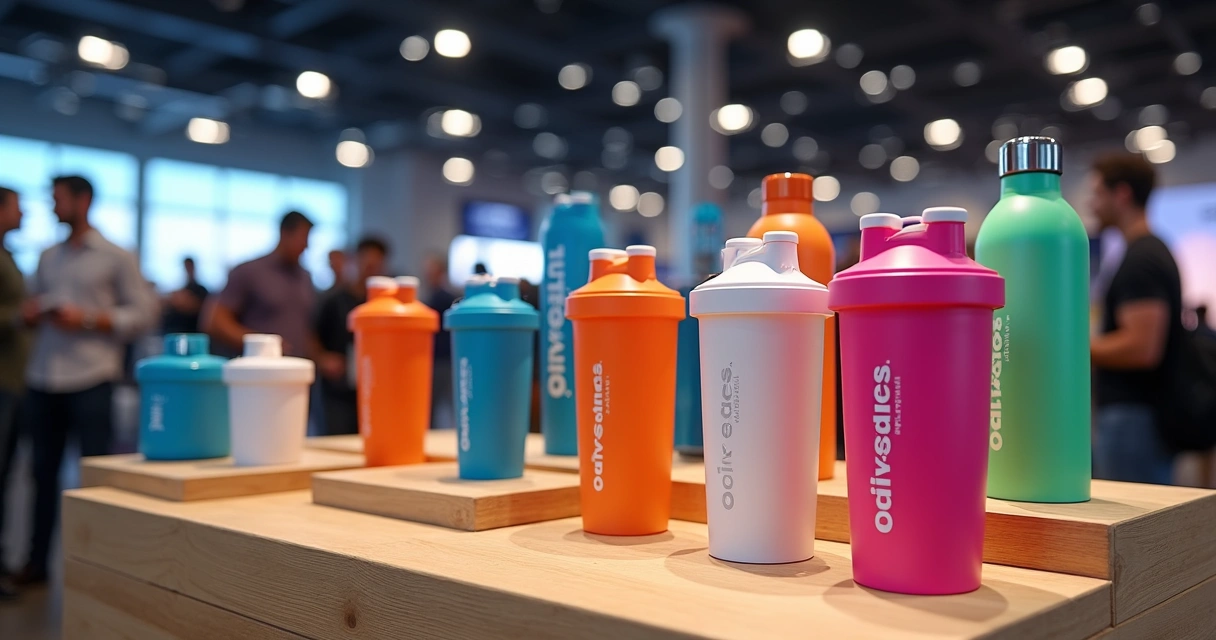 Coqueteleiras e garrafas térmicas expostas em um evento 