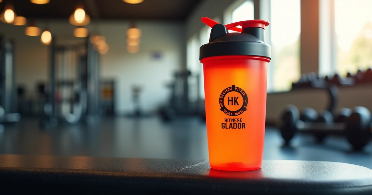 Coqueteleira personalizada sobre um banco de academia 