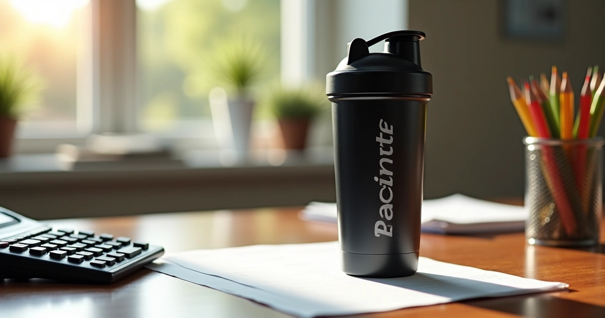 Coqueteleira personalizada ao lado de calculadora e documentos contábeis 