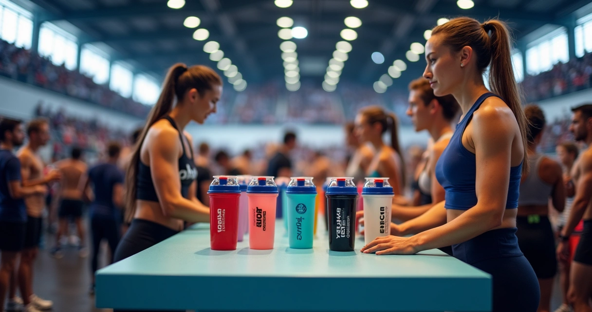 Coqueteleira personalizada em evento fitness na mão de atleta