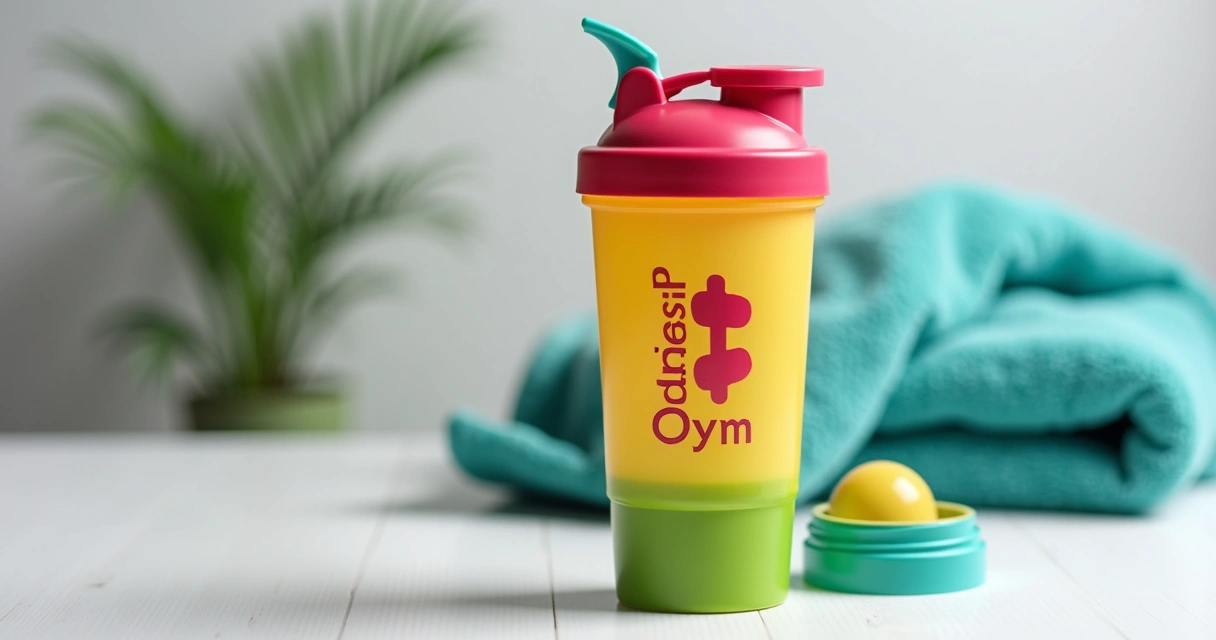 Coqueteleira personalizada colorida com logotipo de academia na lateral, sobre fundo branco 