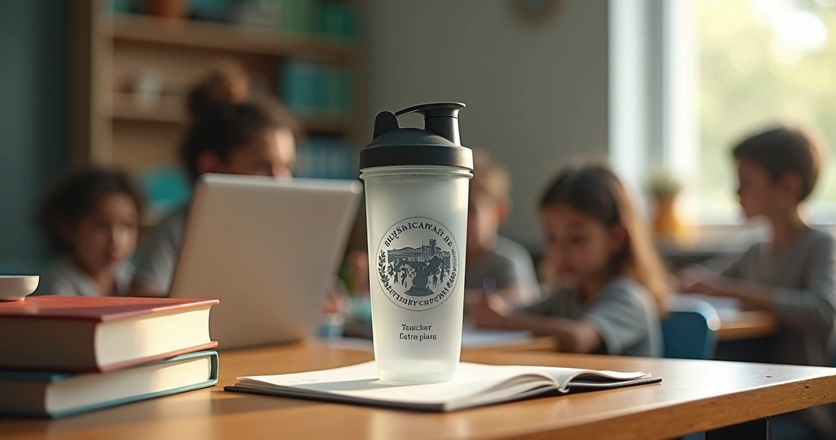 Coqueteleira personalizada para professor na mesa de trabalho 